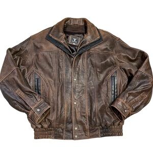 Distressed Brown Leather Bomber Jacket Stand-Up Collar. Zip out lining. Large